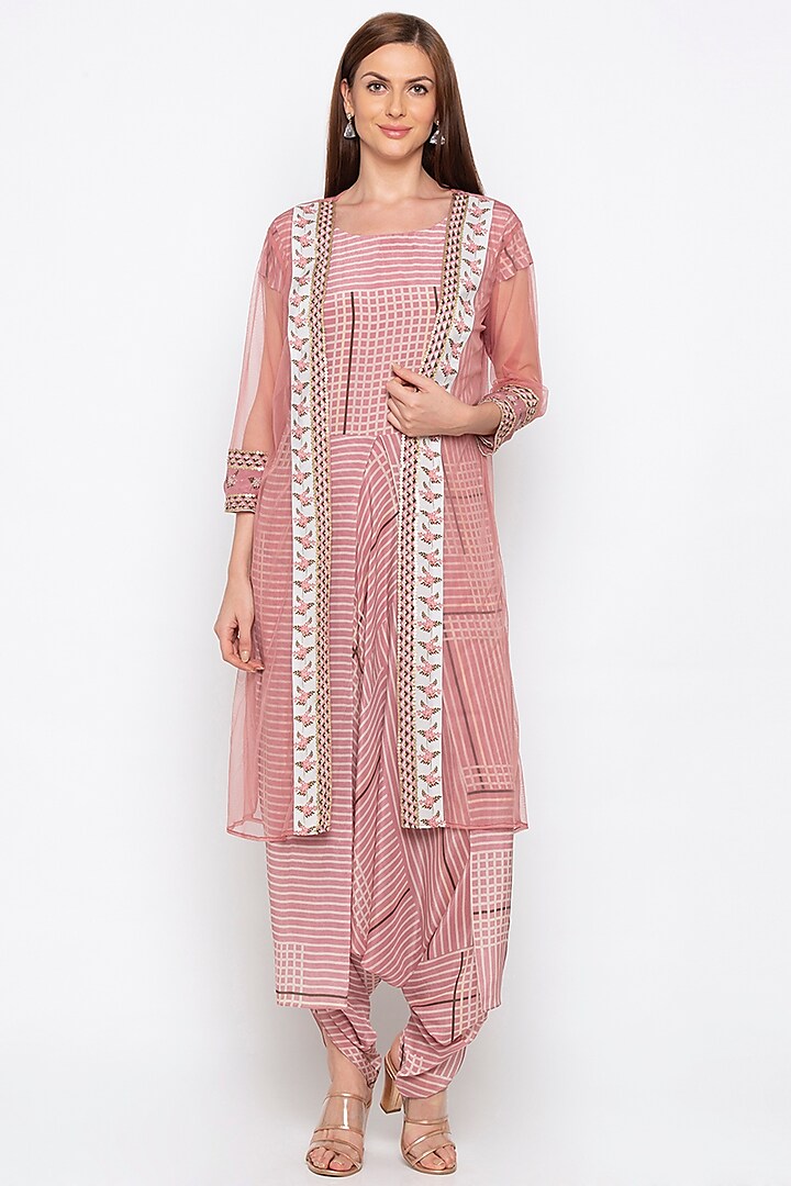 Pink Printed Dhoti Jumpsuit With Jacket by Soup by Sougat Paul
