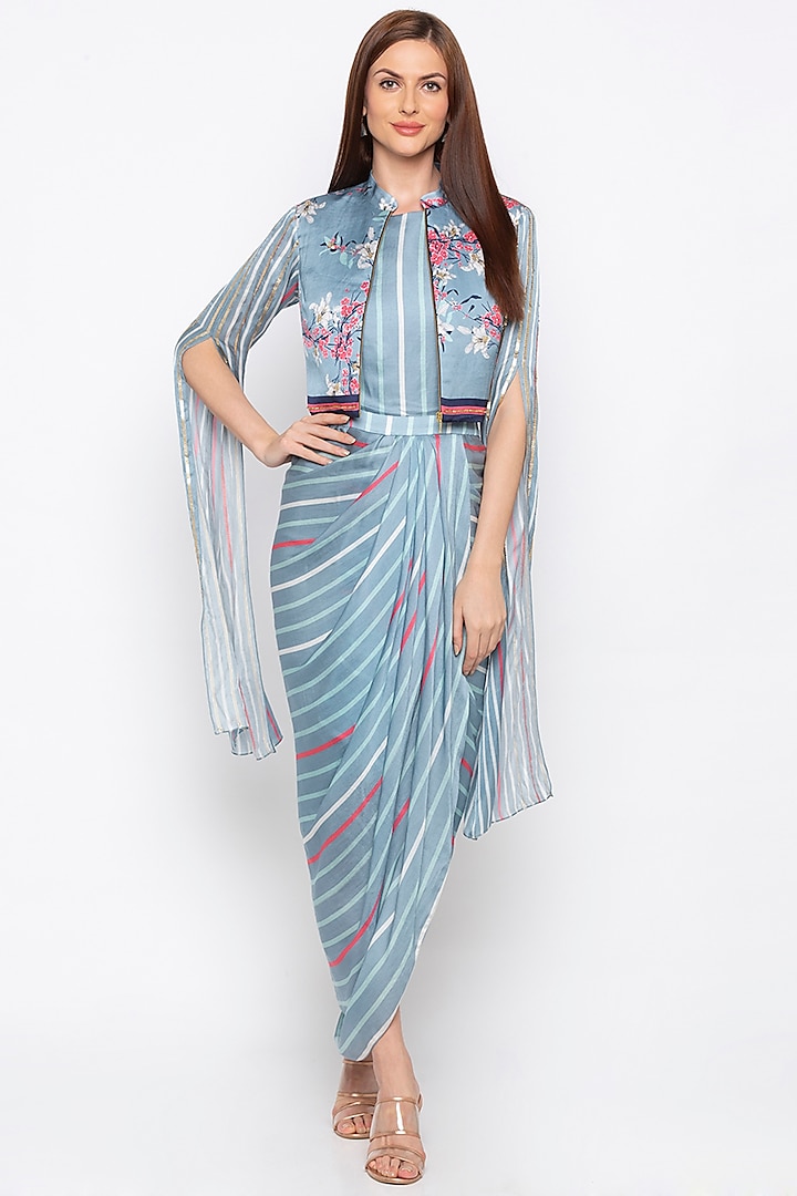 Blue Printed Draped Dress With Embroidered Jacket by Soup by Sougat Paul