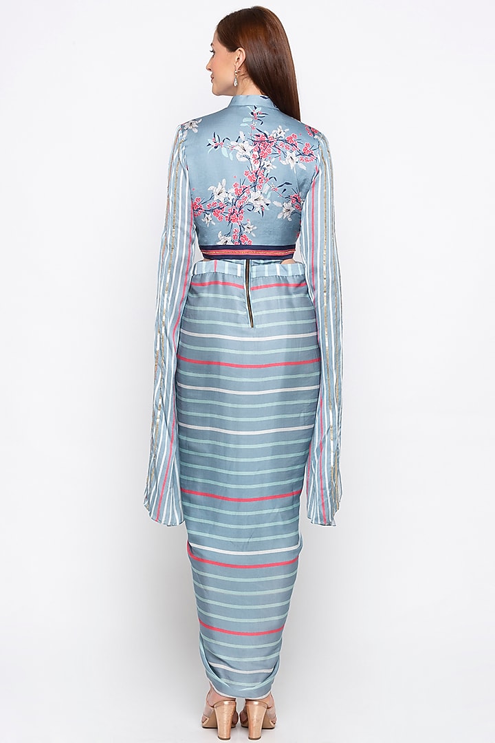 Blue Printed Draped Vacation Dress With Embroidered Jacket by Soup by Sougat Paul at Pernia's Pop Up Shop