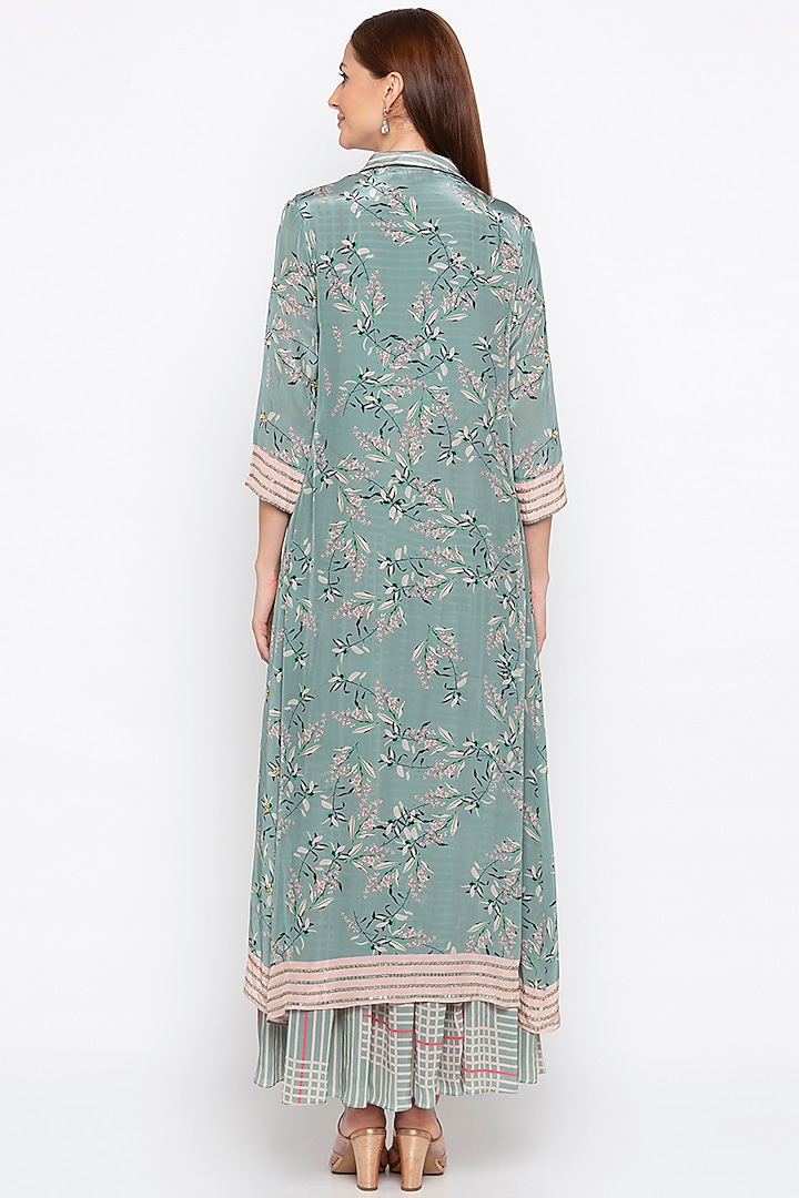 Teal Green & Beige Pleated Vacation Dress With Embroidered Jacket by Soup by Sougat Paul at Pernia's Pop Up Shop