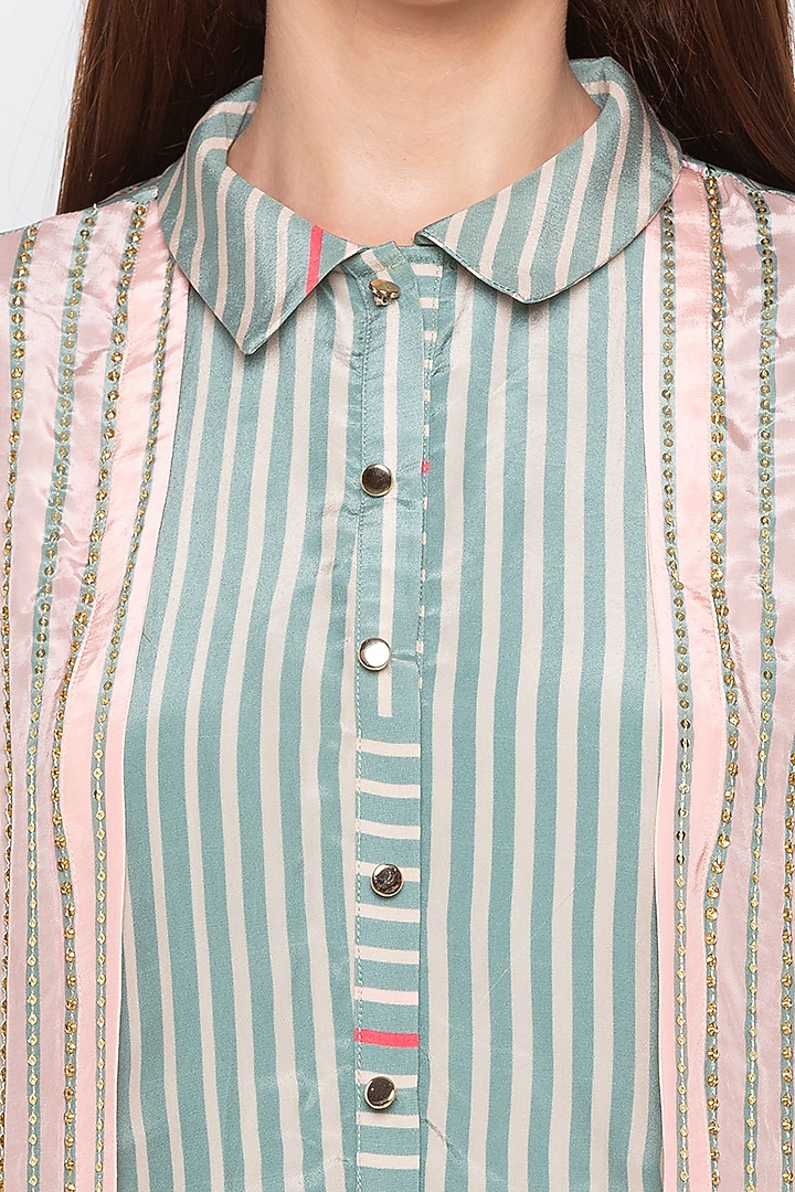 Teal Green & Beige Pleated Vacation Dress With Embroidered Jacket by Soup by Sougat Paul at Pernia's Pop Up Shop