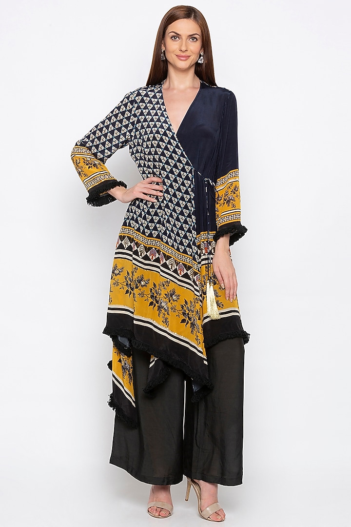 Navy Blue Printed Wrap Kurta With Black Pants by Soup by Sougat Paul at Pernia's Pop Up Shop