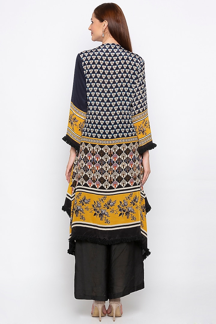 Navy Blue Printed Wrap Kurta With Black Pants by Soup by Sougat Paul at Pernia's Pop Up Shop