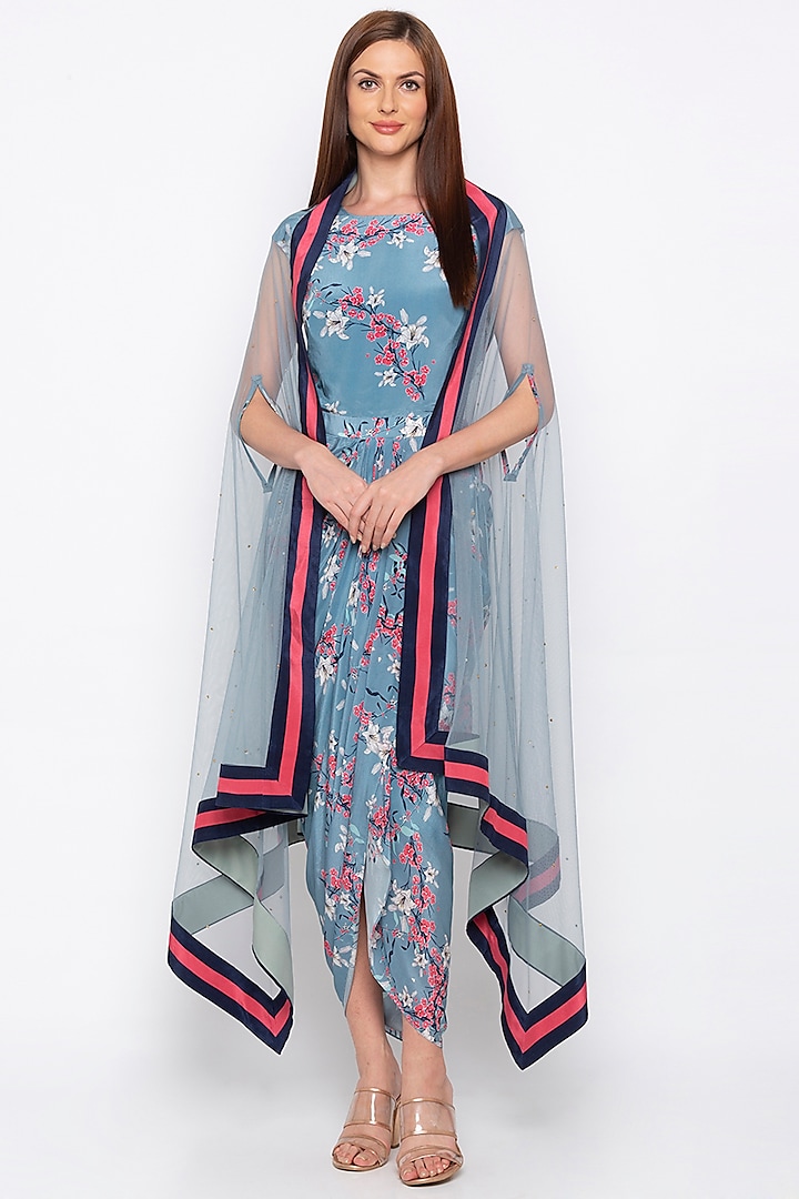 Blue Printed Embroidered Draped Dress With Cape by Soup by Sougat Paul