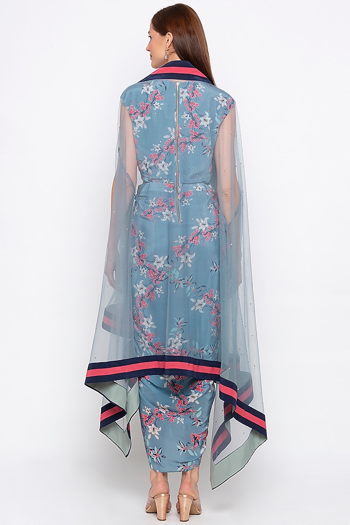 Blue Printed Embroidered Draped Vacation Dress With Cape by Soup by Sougat Paul at Pernia's Pop Up Shop