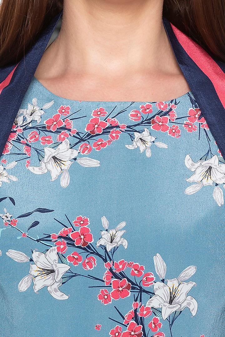 Blue Printed Embroidered Draped Vacation Dress With Cape by Soup by Sougat Paul at Pernia's Pop Up Shop