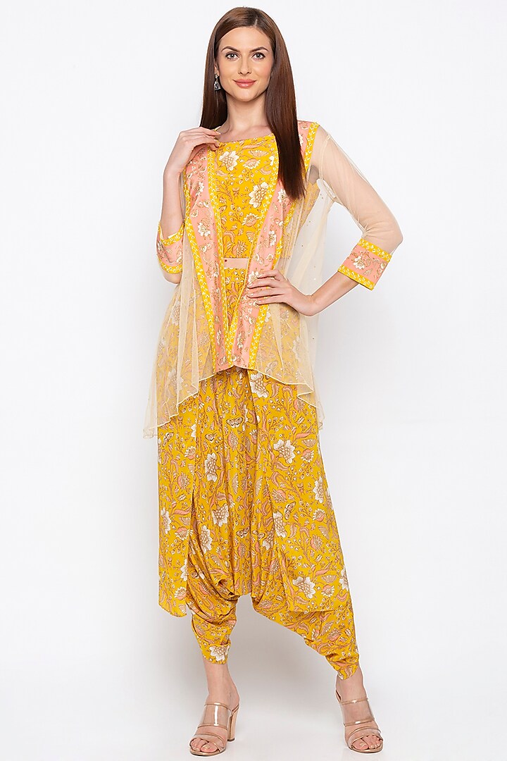 Yellow Printed Dhoti Pants With Crop Top & Jacket by Soup by Sougat Paul