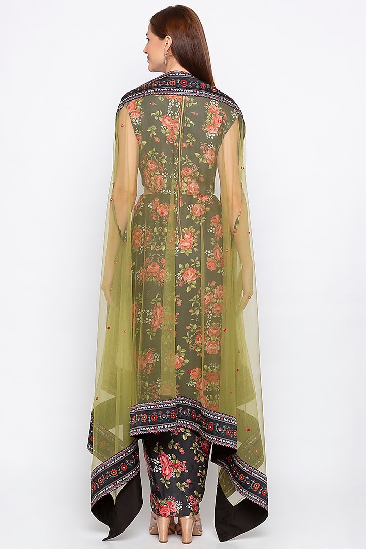 Black Printed Draped Vacation Dress With Green Jacket by Soup by Sougat Paul at Pernia's Pop Up Shop