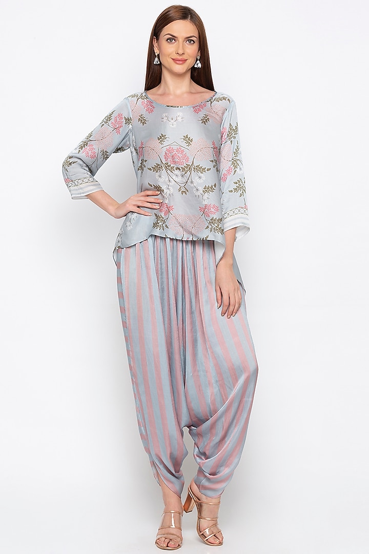 Blue & Pink Printed Top With Dhoti Pants by Soup by Sougat Paul