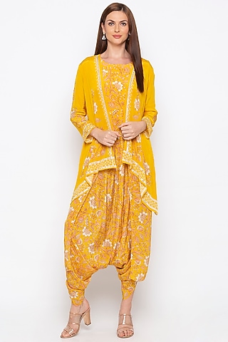 Yellow Embellished Jacket With Printed Jumpsuit by Soup by Sougat Paul