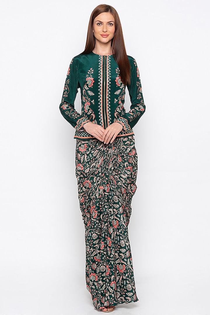 Green Printed & Embroidered Jacket With Draped Skirt by Soup by Sougat Paul