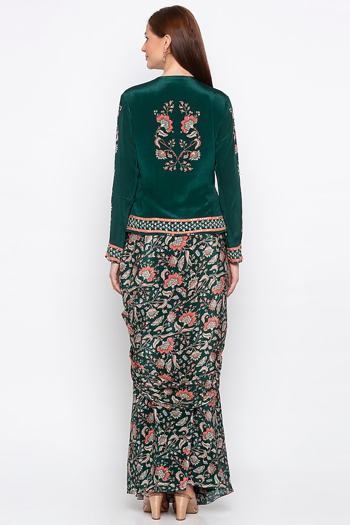 Green Printed & Embroidered Jacket With Draped Skirt by Soup by Sougat Paul at Pernia's Pop Up Shop