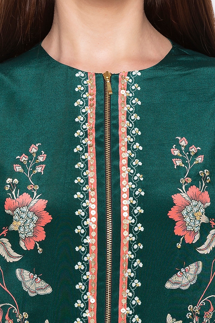 Green Printed & Embroidered Jacket With Draped Skirt by Soup by Sougat Paul at Pernia's Pop Up Shop