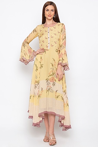 Yellow Printed Embroidered Tunic by Soup by Sougat Paul