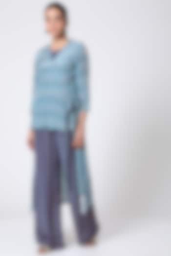 Blue Jumpsuit With Asymmetrical Overlap Jacket by Soup by Sougat Paul