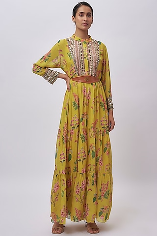 Yellow Chiffon Printed & Embroidered Maxi Dress by Soup by Sougat Paul