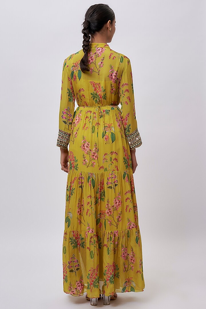 Yellow Chiffon Printed & Embroidered Maxi Vacation Dress by Soup by Sougat Paul at Pernia's Pop Up Shop