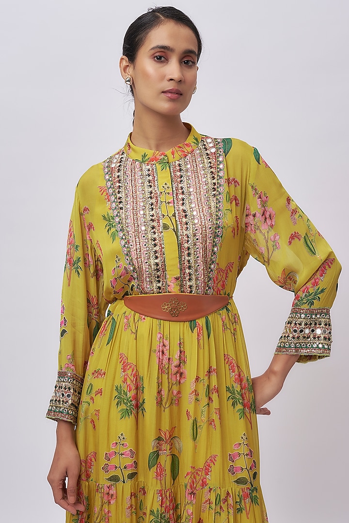 Yellow Chiffon Printed & Embroidered Maxi Vacation Dress by Soup by Sougat Paul at Pernia's Pop Up Shop