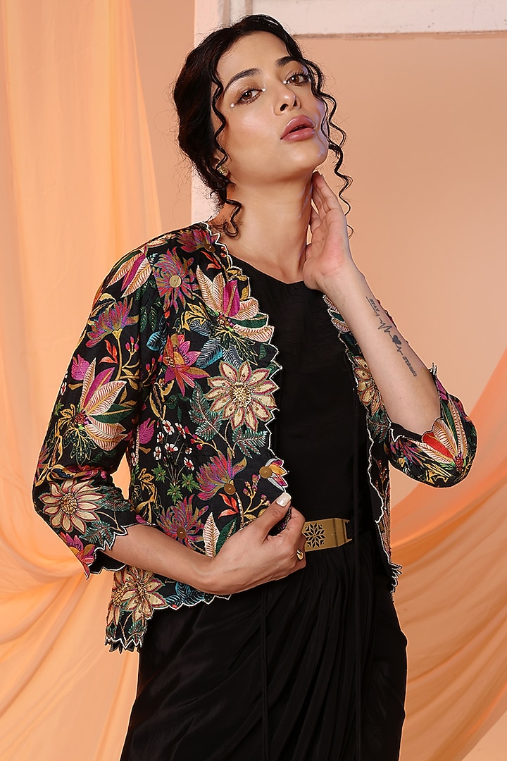 Black Malaysian Silk & Crepe Embellished Jacket Vacation Dress by Soup by Sougat Paul at Pernia's Pop Up Shop