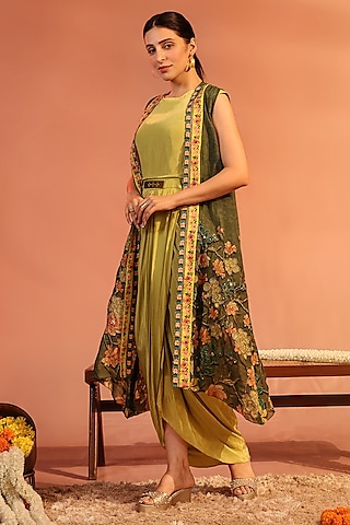 Green Organza & Crepe Embellished Jacket Dress by Soup by Sougat Paul