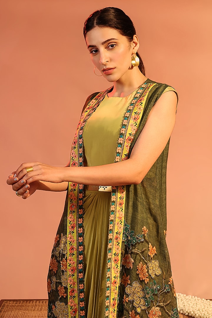 Green Organza & Crepe Embellished Jacket Vacation Dress by Soup by Sougat Paul at Pernia's Pop Up Shop
