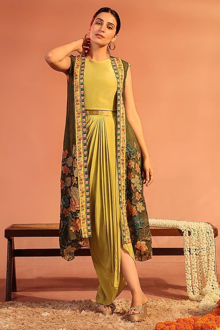 Green Organza & Crepe Embellished Jacket Vacation Dress by Soup by Sougat Paul at Pernia's Pop Up Shop