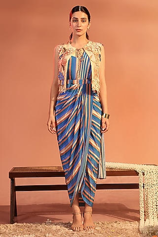 Blue Organza & Crepe Applique Work Draped Jacket Dress by Soup by Sougat Paul