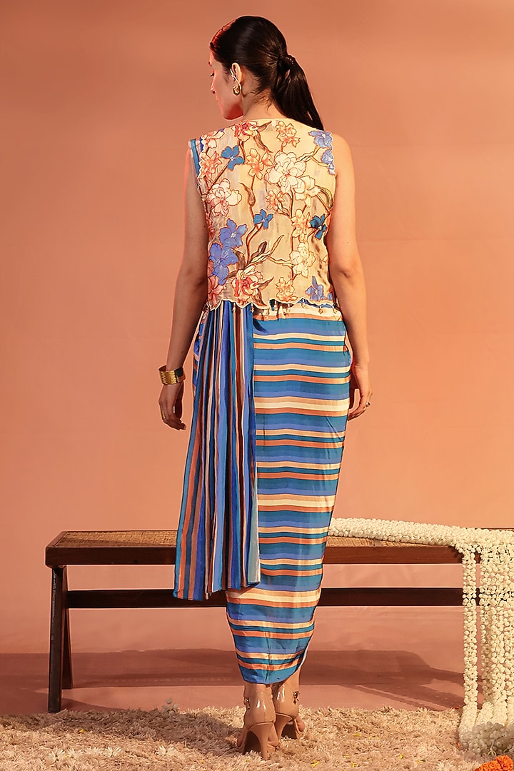 Blue Organza & Crepe Applique Work Draped Jacket Vacation Dress by Soup by Sougat Paul at Pernia's Pop Up Shop