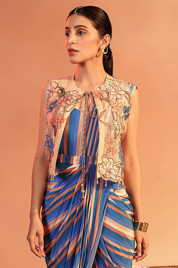 Blue Organza & Crepe Applique Work Draped Jacket Vacation Dress by Soup by Sougat Paul at Pernia's Pop Up Shop