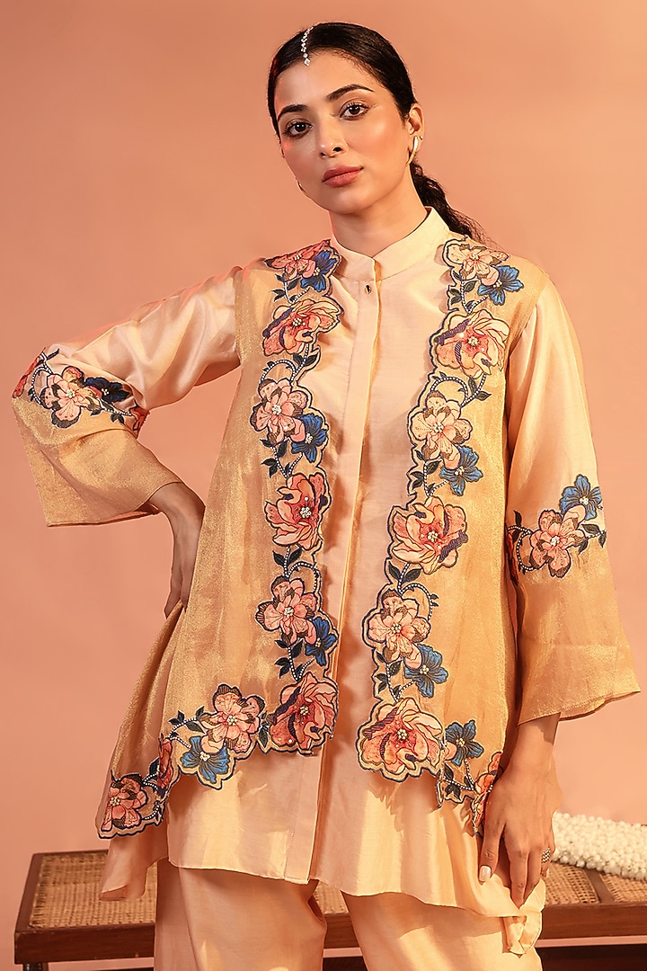 Light Pink Tissue Applique Work Jacket Set by Soup by Sougat Paul at Pernia's Pop Up Shop