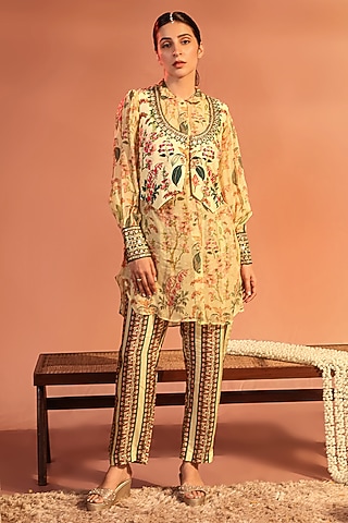 Cream Organza Printed Kurta Set by Soup by Sougat Paul