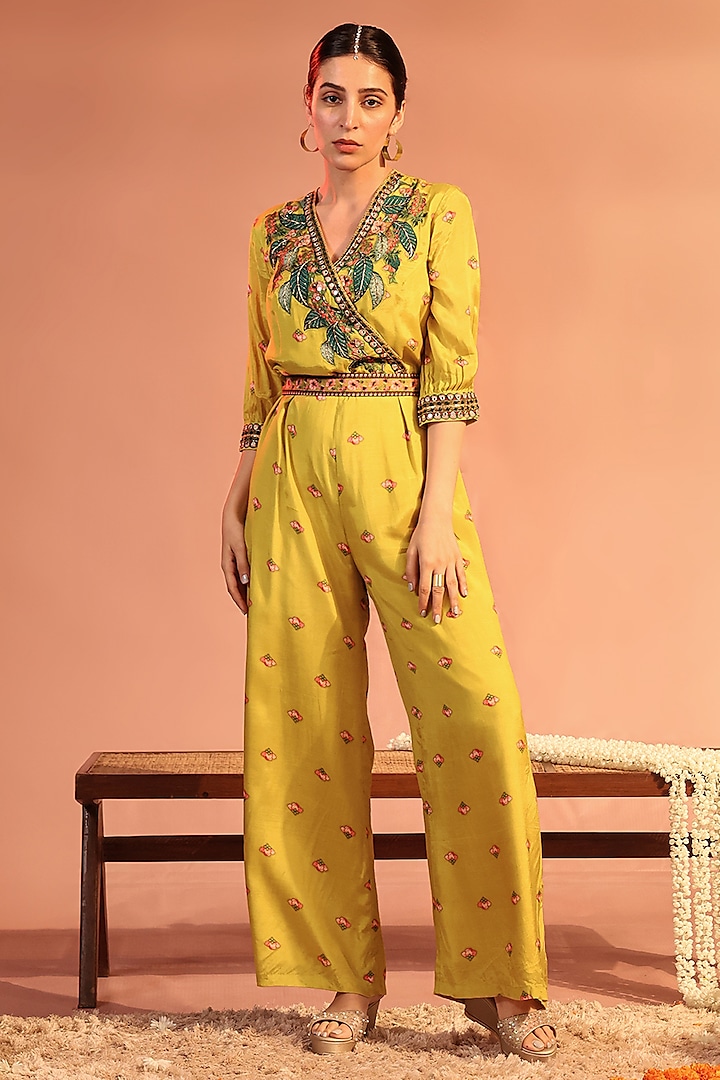 Yellow Cotton Silk Embroidered Jumpsuit by Soup by Sougat Paul at Pernia's Pop Up Shop