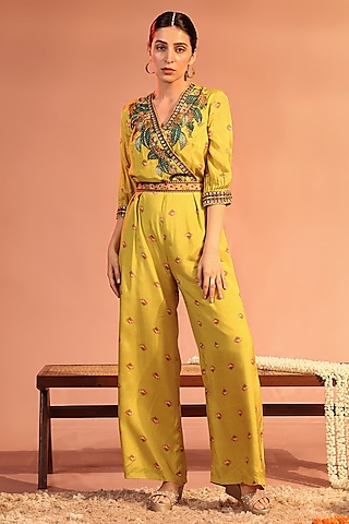 Yellow Cotton Silk Embroidered Jumpsuit by Soup by Sougat Paul