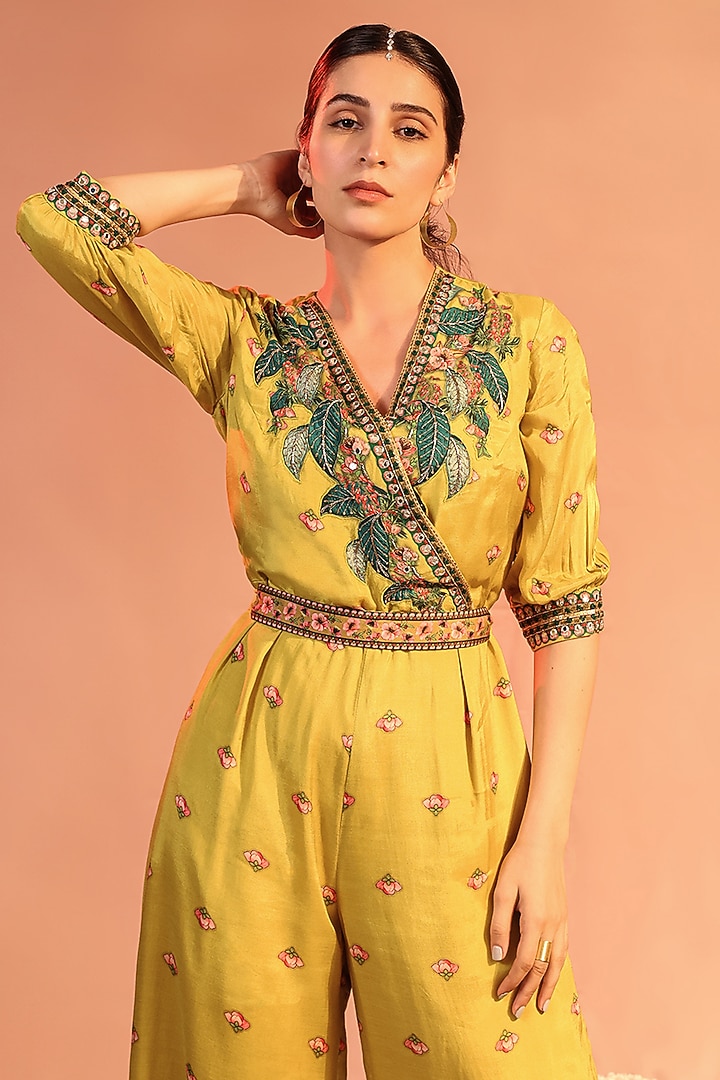 Yellow Cotton Silk Embroidered Jumpsuit by Soup by Sougat Paul at Pernia's Pop Up Shop