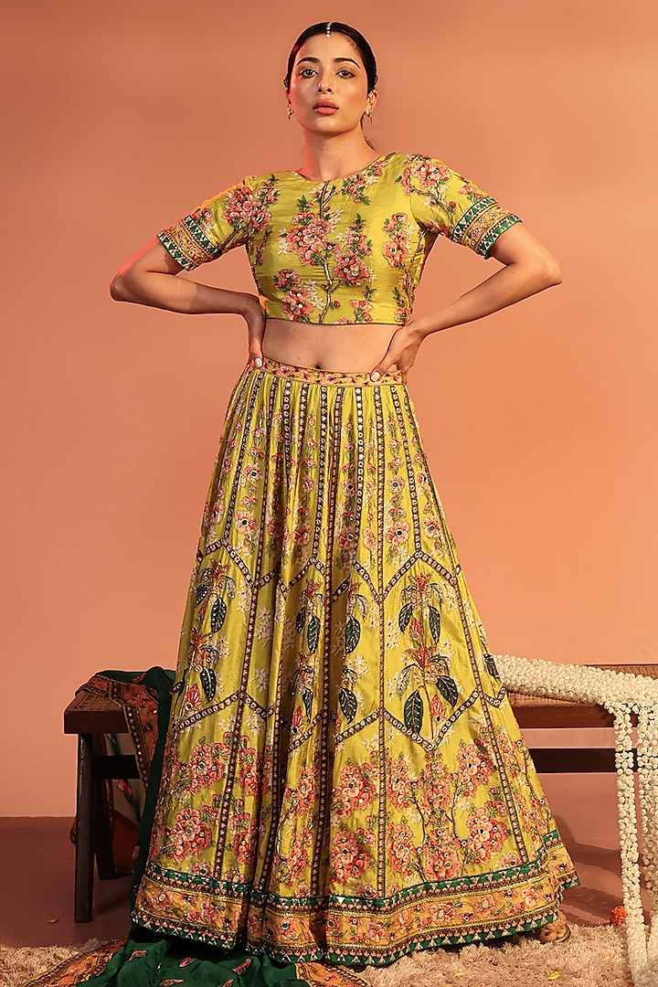 Yellow Malaysian Silk Embroidered Wedding Lehenga Set by Soup by Sougat Paul at Pernia's Pop Up Shop