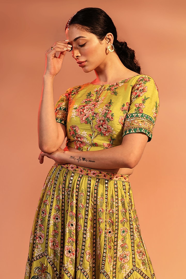 Yellow Malaysian Silk Embroidered Wedding Lehenga Set by Soup by Sougat Paul at Pernia's Pop Up Shop