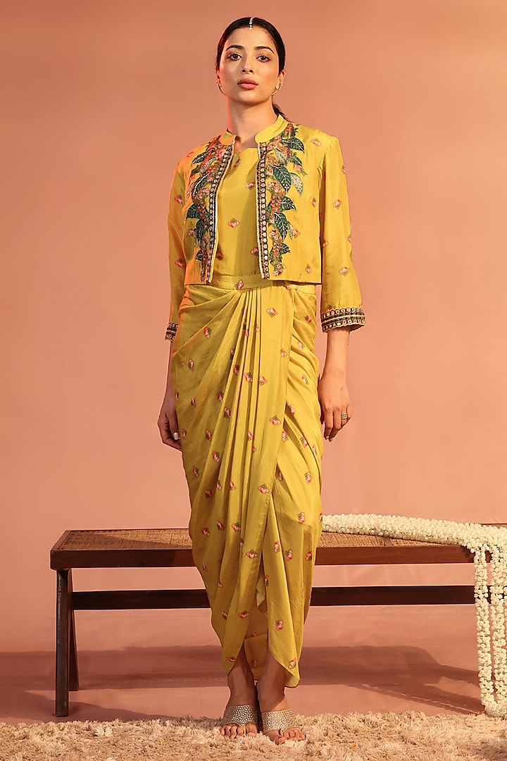 Yellow Cotton Silk Embroidered & Printed Jacket Dress by Soup by Sougat Paul at Pernia's Pop Up Shop