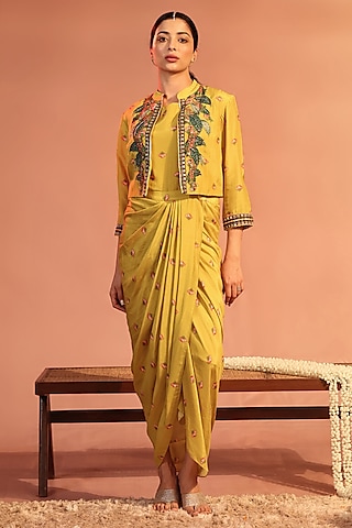 Yellow Cotton Silk Embroidered & Printed Jacket Dress by Soup by Sougat Paul