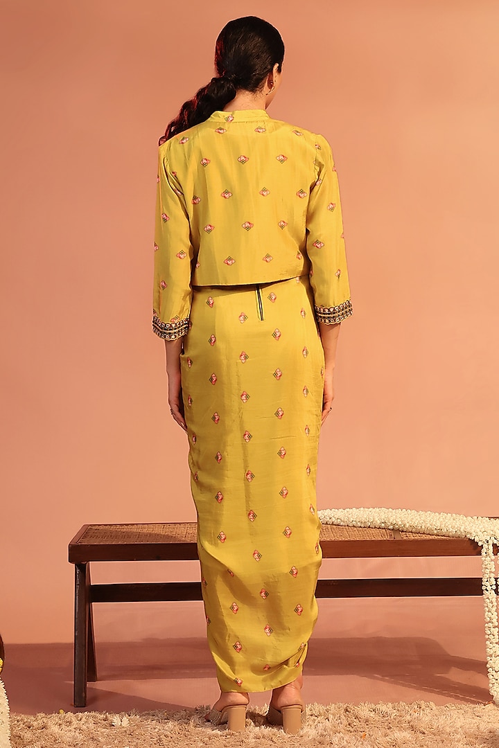 Yellow Cotton Silk Embroidered & Printed Jacket Vacation Dress by Soup by Sougat Paul at Pernia's Pop Up Shop