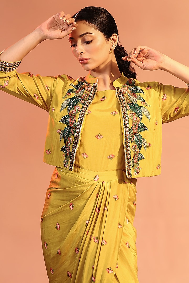 Yellow Cotton Silk Embroidered & Printed Jacket Vacation Dress by Soup by Sougat Paul at Pernia's Pop Up Shop