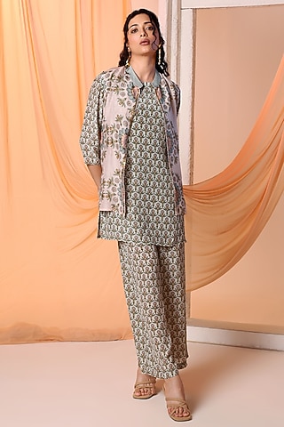 Off-White Crepe Printed Kurta Set by Soup by Sougat Paul