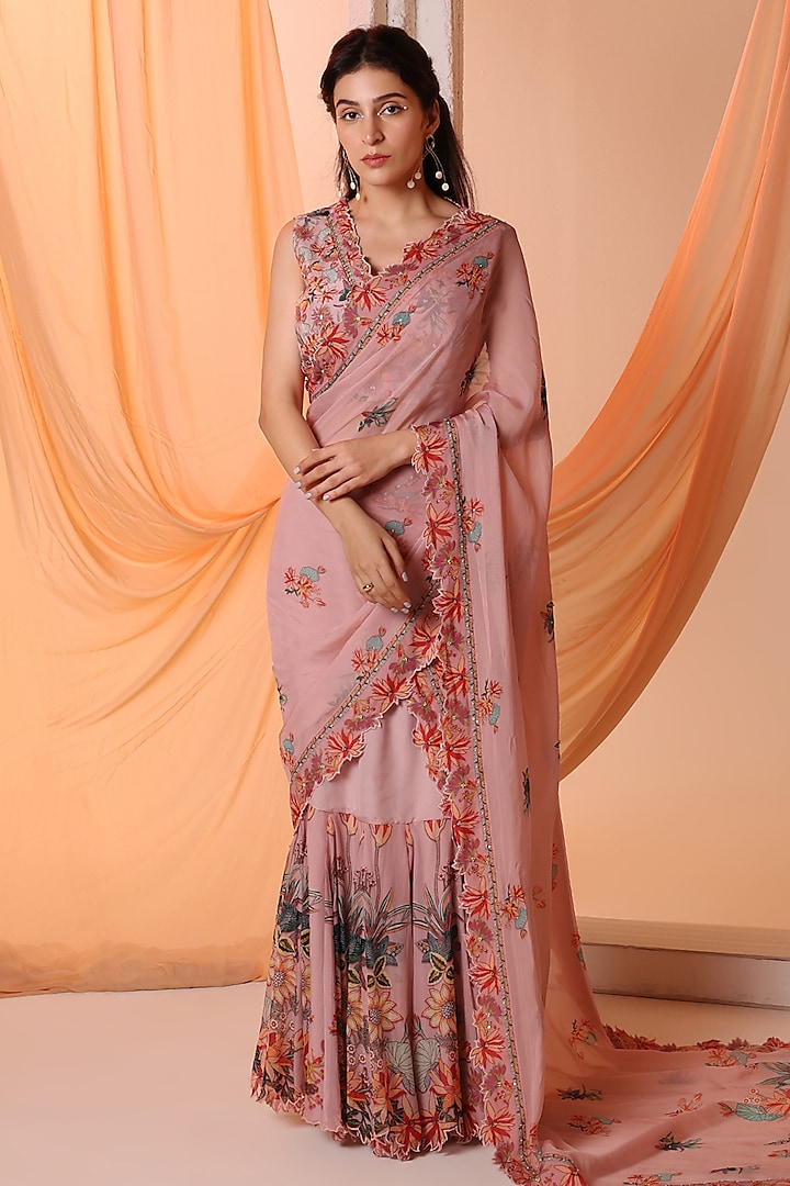 Pink Organza Embroidered Pre-Stitched Saree Set by Soup by Sougat Paul