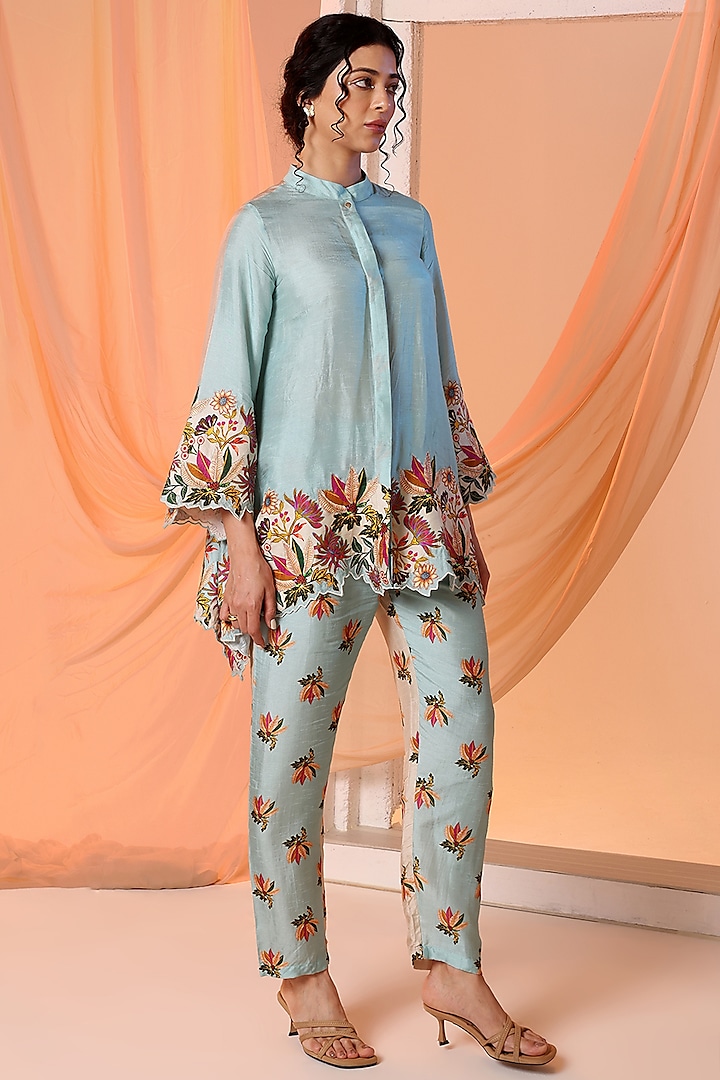 Blue Malaysian Silk Embellished Co-Ord Set by Soup by Sougat Paul at Pernia's Pop Up Shop