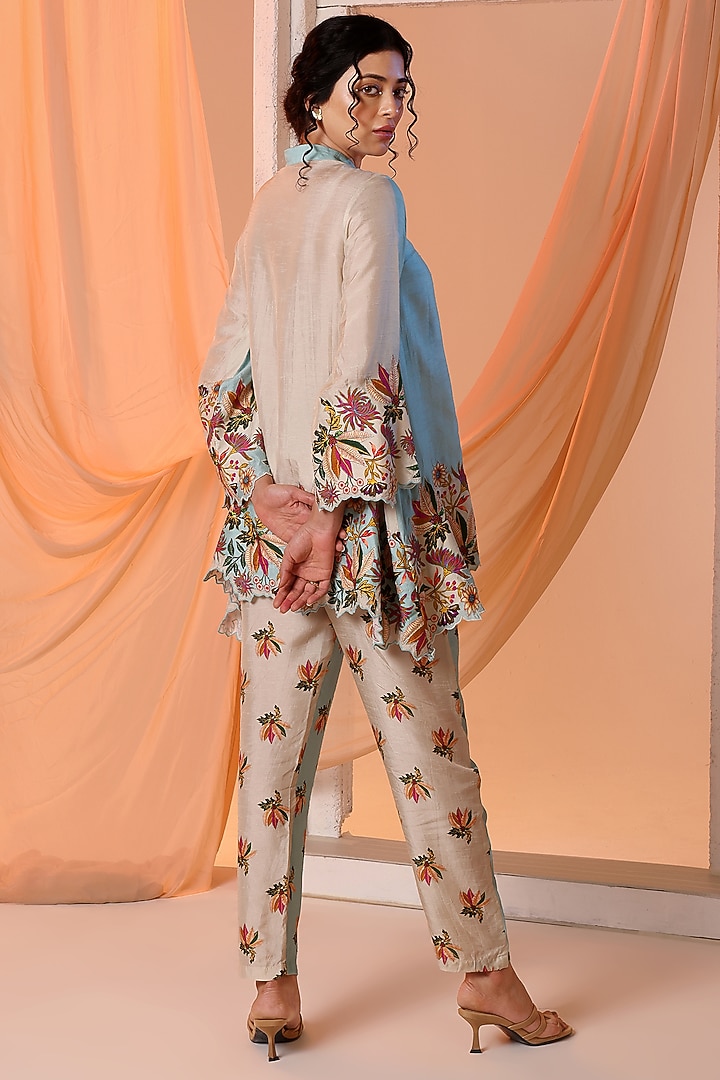 Blue Malaysian Silk Embellished Co-Ord Set by Soup by Sougat Paul at Pernia's Pop Up Shop
