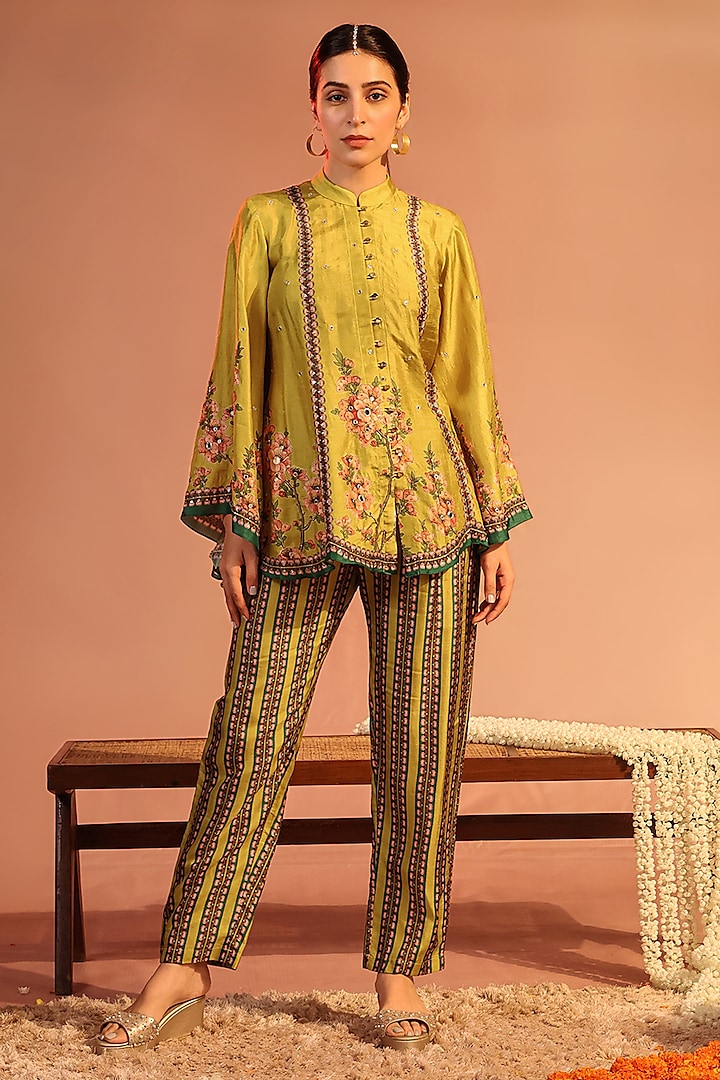 Yellow Malaysian Silk Embellished Co-Ord Set by Soup by Sougat Paul at Pernia's Pop Up Shop