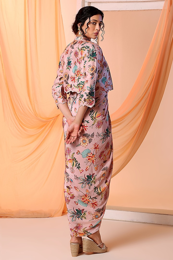 Pink Crepe Printed Draped Jacket Vacation Dress by Soup by Sougat Paul at Pernia's Pop Up Shop