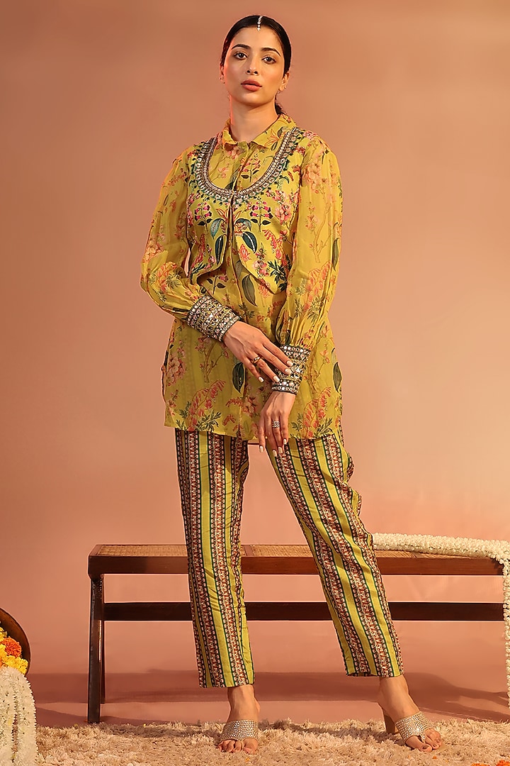 Yellow Organza Printed Shirt Kurta Set by Soup by Sougat Paul