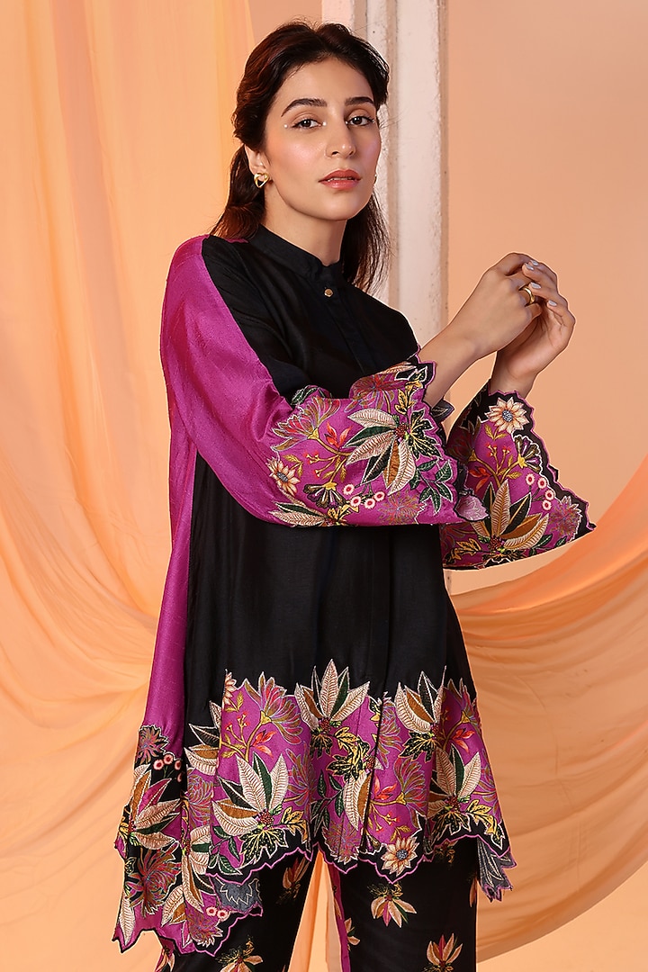 Black Malaysian Silk Cutwork Embellished Co-Ord Set by Soup by Sougat Paul at Pernia's Pop Up Shop
