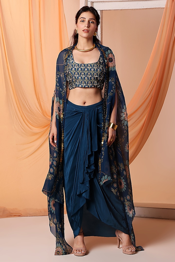 Navy Blue Organza Printed Asymmetric Cape Set by Soup by Sougat Paul