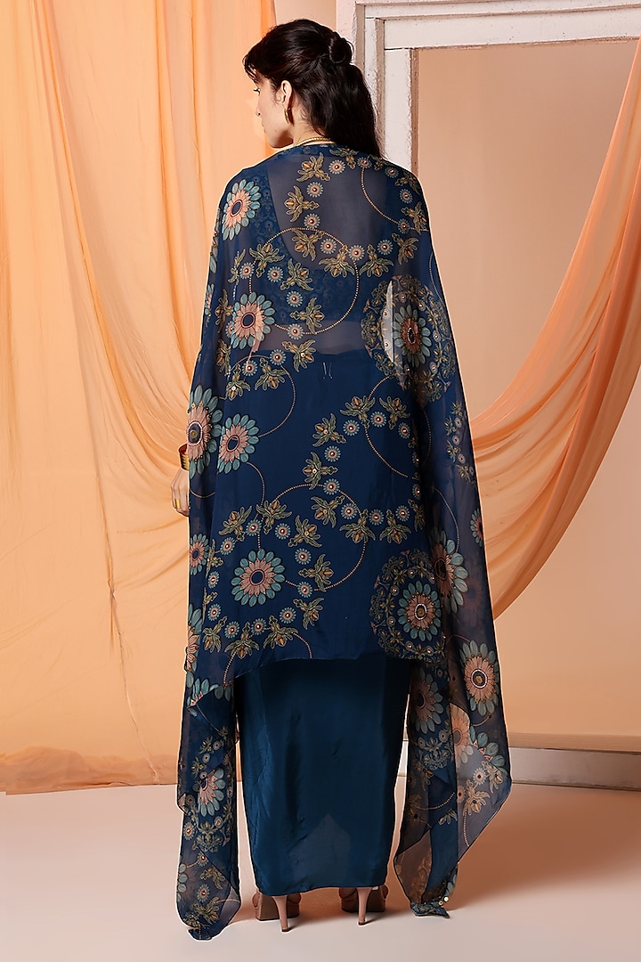 Navy Blue Organza Printed Asymmetric Cape Set by Soup by Sougat Paul at Pernia's Pop Up Shop